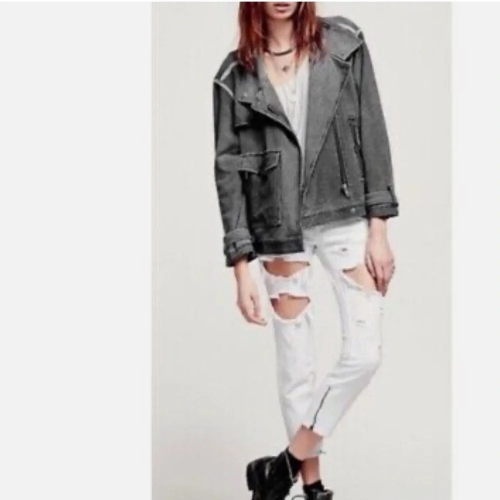 Free People Jacket oversized Moto Railroad Conductor Pinstripe knit bomber black - Picture 2 of 10